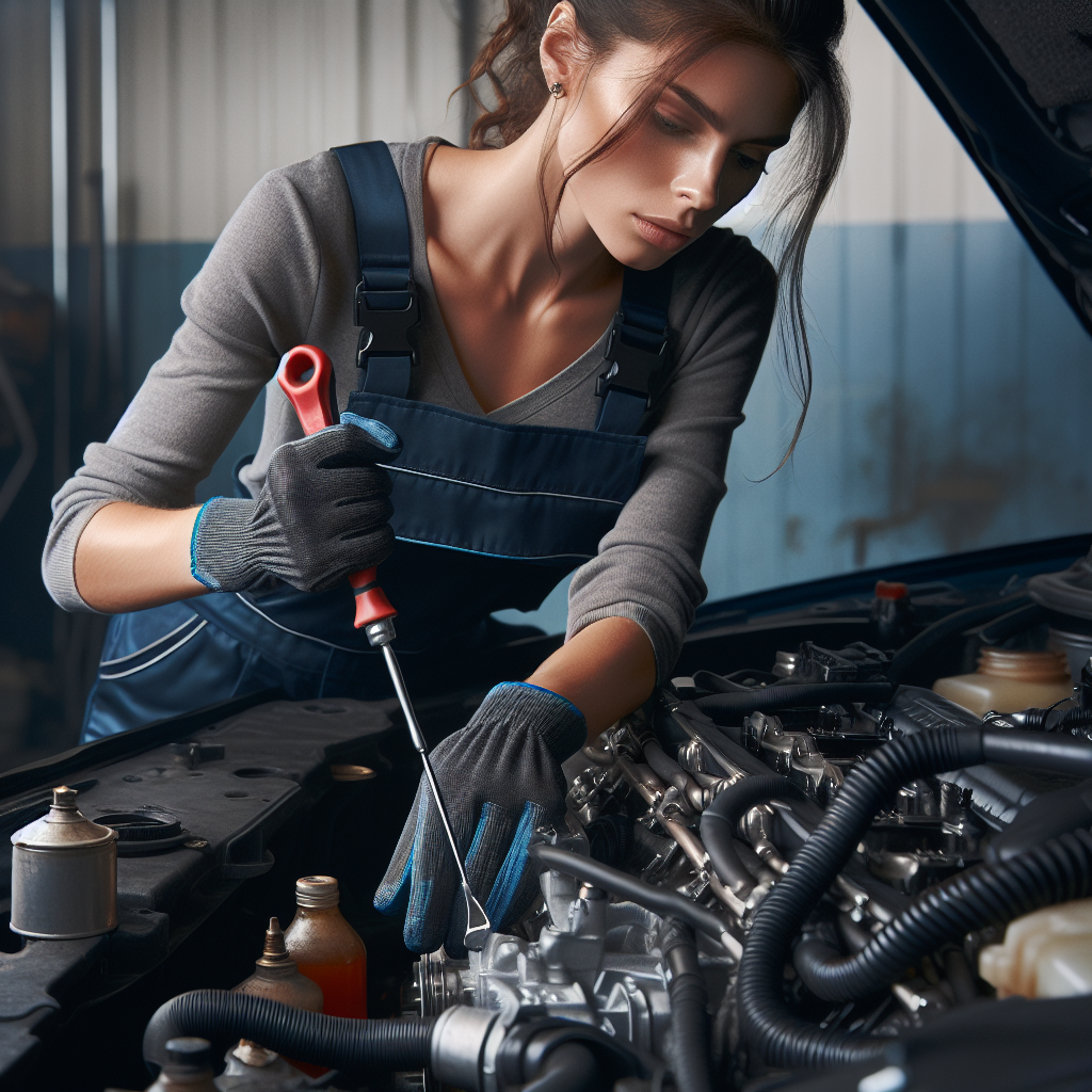 Realistic stock image of mechanic repairing car engine.